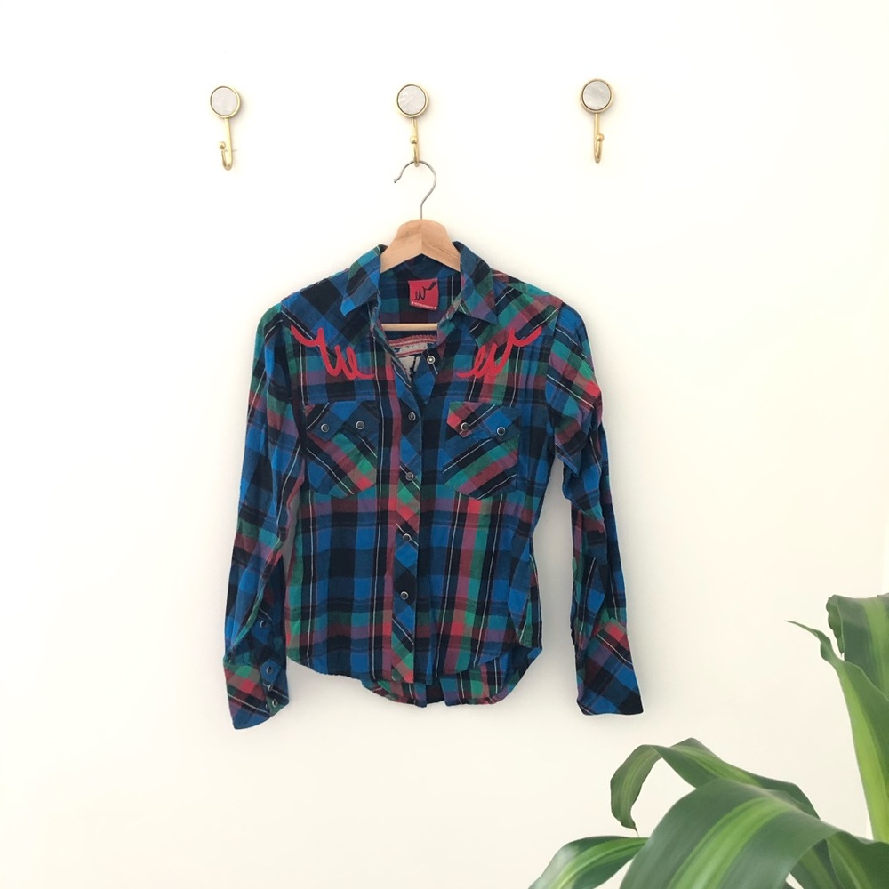 WESTERN DENIM BANK plaid flannel button top small